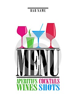 Drinks menu, cocktails, aperitifs wines, shots. Menu on white background