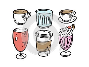 Drinks mugs set. Colorful cartoon style. Vector illustration.