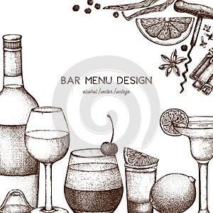 Vector design with hand drawn drinks illustration. Vintage beverages sketch background. Retro template isolated on chalkboard. Res