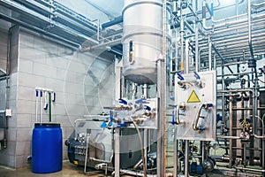 Drinks production plant or factory equipment, steel tanks or reservoirs and pipes with system of automated control