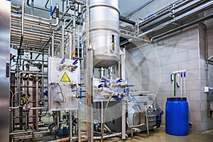 Drinks production plant or factory equipment, steel tanks or reservoirs and pipes with system of automated control