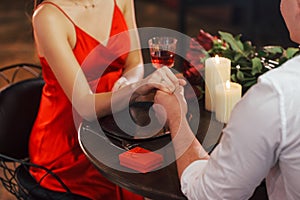 With drinks. Romantic couple have dinner in the restaurant