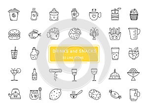 Drinks and snacks, 32 line vector icons