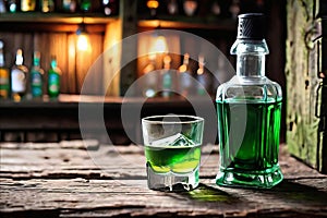 Drinks for St. Patrick's Day party. Shot cocktail on background of a pub. St. Patrick's day.