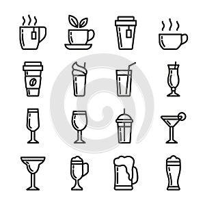 Drinks vector icons set. Contains icons cup of tea, coffee, glass for beer, wine, cocktail and alcohol. 48x48 pixels