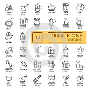 Drinks vector icons set. Simple flat illustrations on white. Coffee and alcohol drinks. Outline design. eps 10