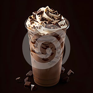 Drinkware cup of chocolate milkshake with cream shavings, frozen dessert