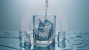 A drinkware product filled with azure drinking water and ice cubes