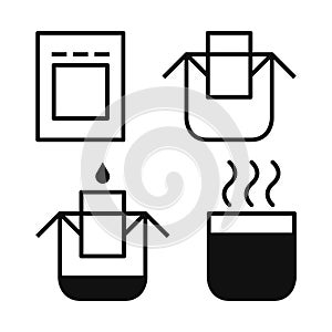 Drip bag coffee brewing instruction icons set