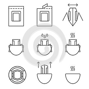 Drip coffee bag for easy brewing in a cup. Set of vector icons, black isolated illustration on white background