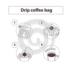 Drip coffee bag for easy brewing in cup. Set of vector icons, line isolated illustration on white background
