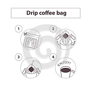 Drip coffee bag for easy brewing in cup. Set of vector icons, line isolated illustration on white background photo