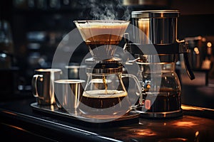 A drip coffee machine diligently drips hot water over a filter filled with coffee grounds