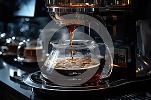 A drip coffee machine diligently drips hot water over a filter filled with coffee grounds