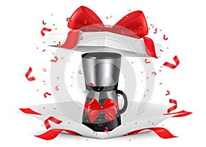 Drip coffee maker with red ribbon and bow inside open gift box. Gift concept. Kitchen appliances. Isolated 3d vector illustration