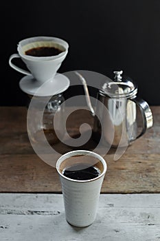 Drip coffee set consist of dripper, filter, kettle and ceramic c