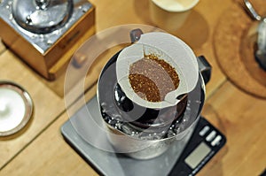 Drip coffee set preparing by barista