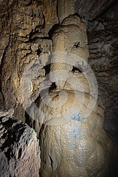 The drip formation `Skull` in New Athos Cave in Abkhazia