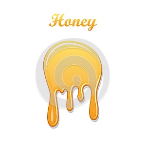 Drip honey syrup, isolated white background. 3D liquid. Gold drop liquid design. Splash caramel product. Golden healthy