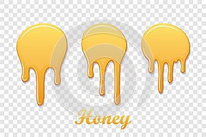 Drip honey syrup set, isolated white transparent background. 3D liquid. Gold drop design. Splash caramel product. Golden photo