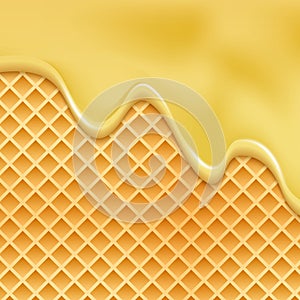 Drip honey waffle caramel background. Melt honey pattern syrup cream wafer