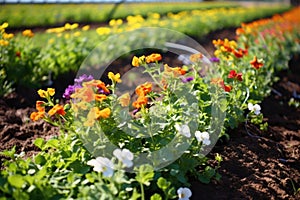 drip irrigation feeding a bed of blooming flowers