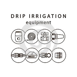 Drip irrigation. Line icons of equipment for irrigation system.