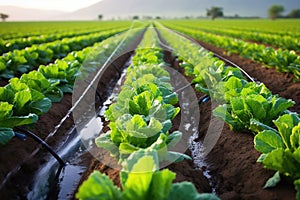 drip irrigation system watering rows of lettuce