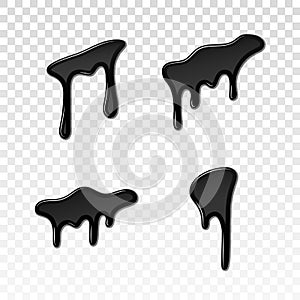 Drip paint 3D set. Ink stain. Drop melt liquid isolated on white transparent background. Splash of chocolate, oil, blood