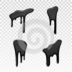 Drip paint 3D set. Ink stain. Drop melt liquid isolated on white transparent background. Splash of chocolate, oil, blood