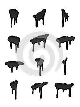 Drip paint 3D set. Ink stain. Drop melt liquid isolated on white background. Splash of chocolate, oil, blood. Black