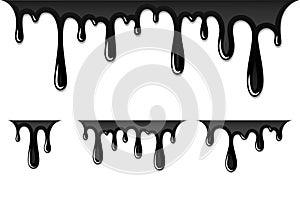 Drip paint 3D set. Ink stain. Drop melt liquid isolated on white background. Splash of chocolate, oil, blood. Black