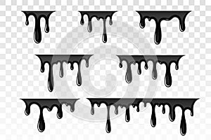 Drip paint 3D set. Ink stain. Drop melt liquid isolated on white transparent background. Splash of chocolate, oil, blood