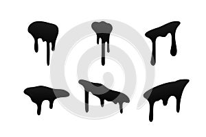 Drip paint set. Ink stain. Drop melt liquid isolated on white background. Splash of chocolate, oil, blood. Black