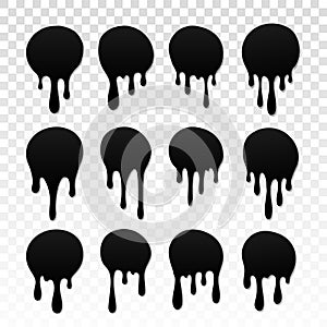 Drip paint set. Ink stain. Drop melt liquid isolated on white transparent background. Splash chocolate, oil, blood