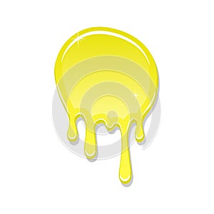 Drip paint spot 3D isolated on white background. Yellow ink splash. Splatter stain texture. Dribble down design. Flow