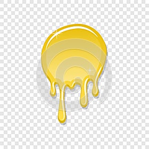 Drip paint spot 3D, isolated white transparent background. Gold ink splash. Yellow splatter stain texture. Dribble down