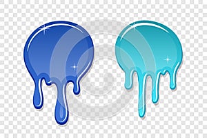 Drip paint spot 3D set isolated transparent background. Blue, turquoise ink splash. Splatter stain texture. Dribble down