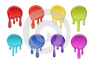 Drip paint spot 3D set isolated white background. Rainbow blob ink splash. Splatter stain texture. Dribble down design