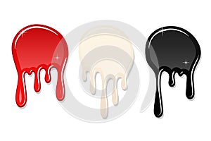 Drip paint spot 3D set isolated white background. Red, black ink splash. Splatter stain texture. Dribble down design