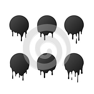 Dripping black circles paint patches. Dripping liquid. Liquid drops of ink. Vector illustration isolated on transparent background