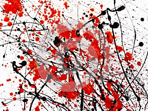 Dripping black and red line paint isolated on white background. Flowing fuel oil splashes, drops and trail