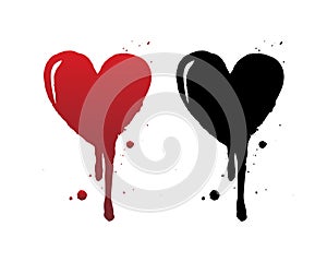 Dripping blood or red heart brush stroke isolated on white background. Hand drawn black grunge heart.