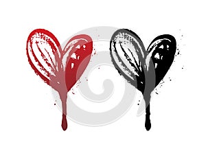 Dripping blood or red heart brush stroke isolated on white background. Hand drawn black grunge heart.