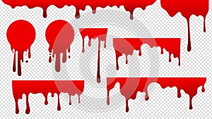 Dripping blood. Red stain paint. Flow drops, fluid stripes background. Bloody current or sauce stains vector