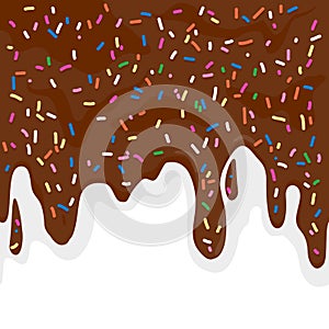 Dripping chocolate background with colorful sugar sprinkles. Vector illustration