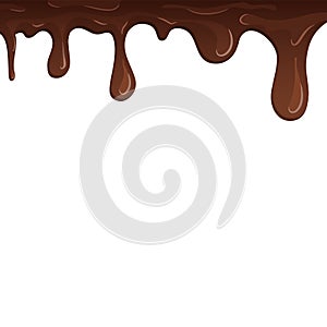 Dripping chocolate. Drips chocolate, isolated white background. Melt fluid sweet dessert. Tasty splash liquid, realistic