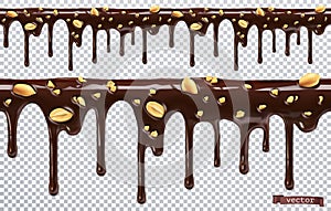 Dripping chocolate with peanut nuts. Melt drip. 3d vector, seamless pattern