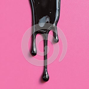 Glossy Black Liquid Dripping on Pink Background