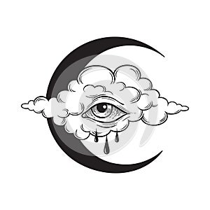 Dripping eye in the cloud with crescent moon, crying skies allseeing eye of god graphic tattoo or print design isolated vector photo